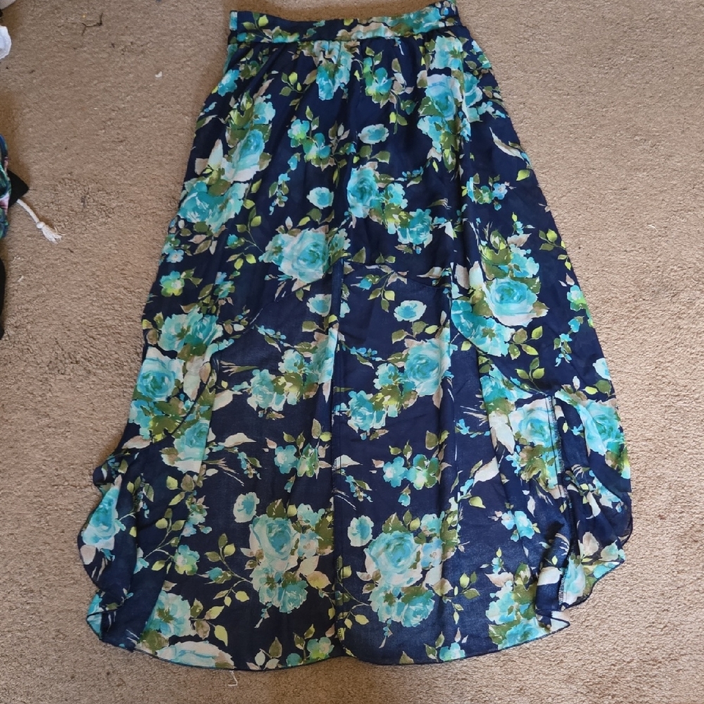 Stooshy Navy and Teal Floral High To Low Skirt